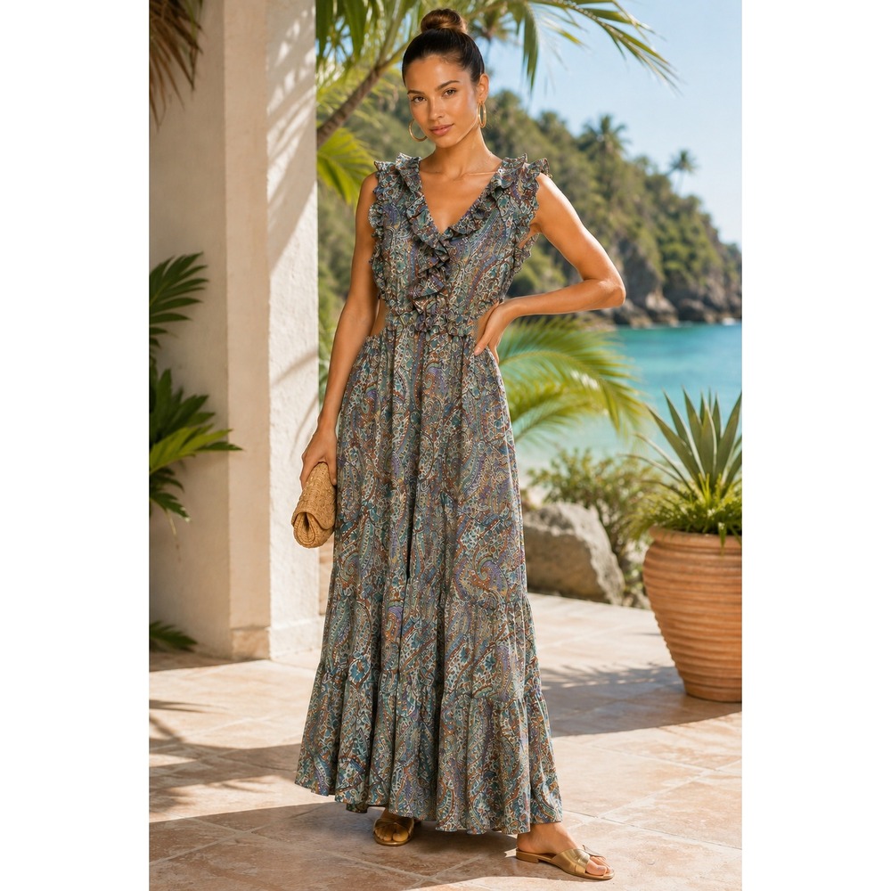 olive green and orange dress &merci | Dresses | Merci Paisley Ruffle Cutout Tiered Maxi Holiday Nwt M attribute:pattern:Polka Dots